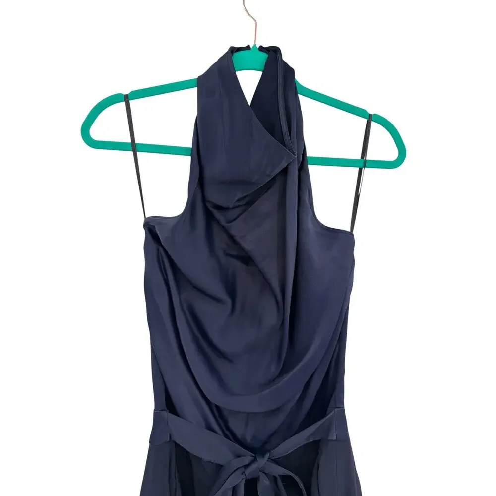 Reiss Corina Halter Neck Wide Leg Jumpsuit Night Navy Tie Waist US 10
